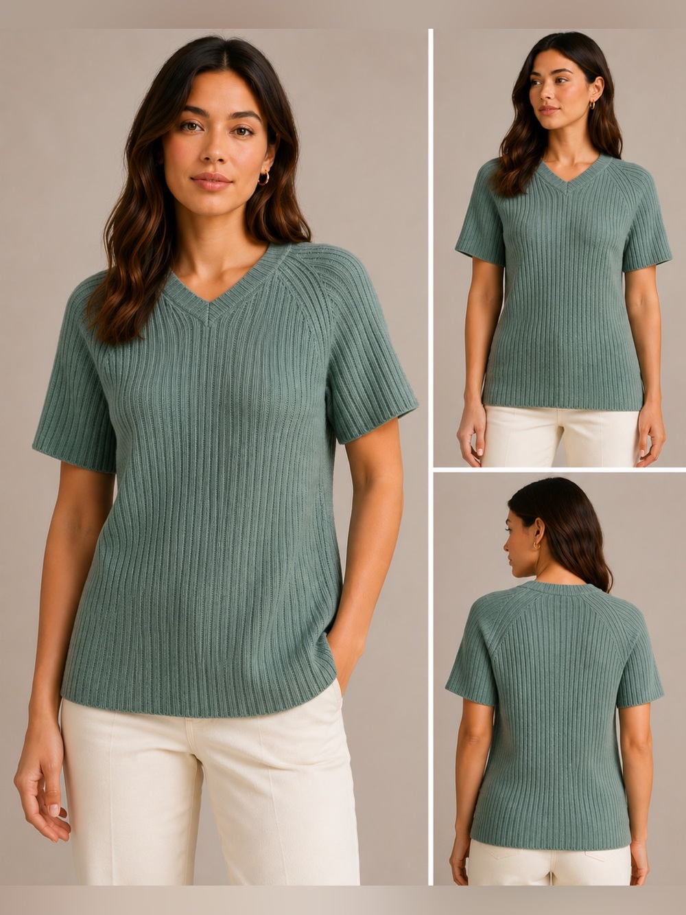 Banana Republic Ribbed V-Neck Short Sleeve Sweater - Sage Green